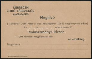 1918 Meghívó a Debreceni Zsidó Társaskör választmányi ülésére