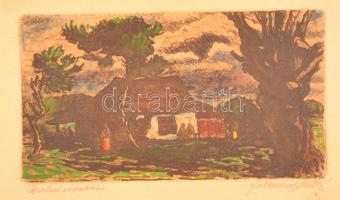 Farkasházy Miklós (1895-1964): Áprilisi napsütés. Színezett rézkarc, papír, jelzett, foltos, üvegezett keretben, 13×23 cm
