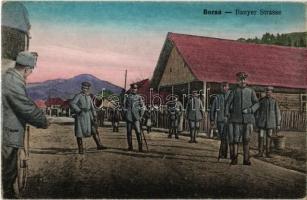 Borsa, Borscha; utca katonákkal / Banyer Strasse / street view with soldiers