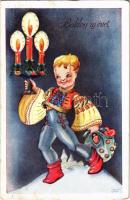 Boldog Újévet! / Hungarian New Year greeting art postcard s: Mallász Gitta (EK)