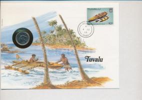 Tuvalu 1985. 5c, felbélyegzett borítékban, bélyegzéssel, német nyelvű leírással T:1- patina Tuvalu 1985. 5 Cents in envelope with stamp and cancellation, with German description C:AU patina