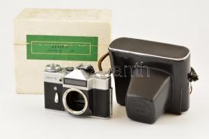 Zenit E fényképezőgép, saját tokjában, dobozában, objektív nélkül
