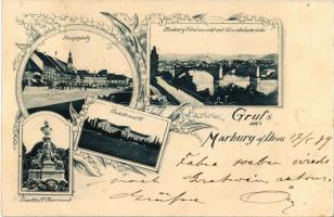 1898 (Vorläufer!) Maribor, Marburg a.d. Drau; Hauptplatz, Cadettenstift, Tegetthoff Monument, Eisenbahnbrücke / main square, military cadet school, statue, railway bridge. Art Nouveau, floral (Rb)