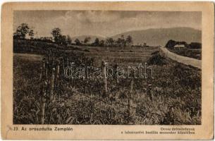 Laborcrév, Krasznibród, Krásny Brod; Az oroszdúlta Zemplén 19. Orosz drótsövények a laborczrévi bazilita monostor közelében. Kiadja Danielisz Lajos / WWI Russian wire fences near the Basilian monastery (EK)