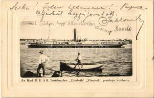 1906 ELISABETH, Hildegarde/1853 típusú lapátkerekes gőzhajó, postahajó fedélzetén / An Bord DDSG Postdampfers Elisabeth / Hungarian post steamship