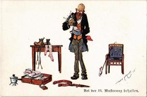 Bei der 13. Musterung behalten / K.u.K. (Austro-Hungarian) military art postcard. M. Munk Wien Nr. 1110. s: Ferry Allé