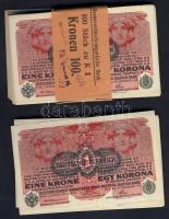 1916. 1K fekete "Deutschösterreich" fny-sal, 100db eredeti hétnyelvű bankszalaggal, benne szám és betű elcsúszások, lemezhibák, stb kevés kivétellel majdnem az egész köteg egymásutáni sorszámokkal T:I,I-(csak pár db)+ 7db egymásutáni sorszámokkal T:I