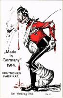 Made in Germany / Deutsches Fabrikat, Der Weltkrieg 1914. No. 11. / WWI German military humour, injured soldier. Albert Ebner Kunstanstalt s: Baumgarten