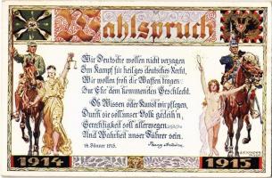 Wahlspruch 1914-1915 / WWI German military propagnada art postcard. Wiener Malkasten, Art Nouveau s: Alexander Pock