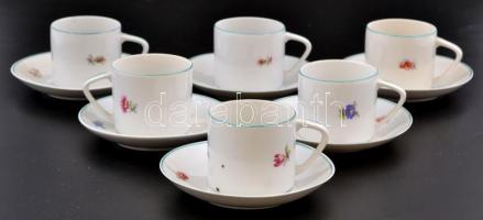 Hollóházi mokkás csésze és alj (6 db),  matricás, jelzett, kopásnyomokkal