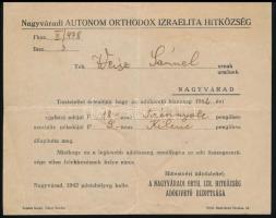 1942 Nagyvárad, A nagyváradi Autonóm Orthodox Izraelita Hitközség egyházi adóval kapcsolatos értesítője