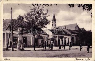 1934 Heves, Fő utca, templom, hirdetőoszlop, Frank Zsigmond üzlete. Polatsek kiadása (EK)