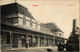 1910 Szeged, Vasútállomás, gőzmozdony. Grünwald Herman kiadása