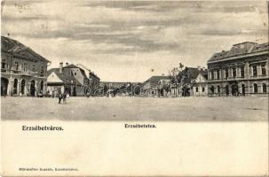 1913 Erzsébetváros, Dumbraveni, Elisabethstadt; Erzsébet utca, Waxmann Károly (?) vendéglője, Mühlsteffen Gusztáv áruháza és saját kiadása / street view with restaurant and shop