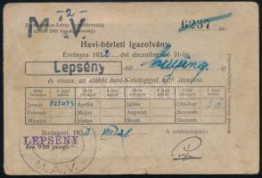 1932 MÁV havi bérlet Lepsénytől Enyingig