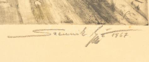 Szennik György (1923-2007): Út a Tiszára, rézkarc, papír, jelzett, üvegezett fa keretben, 29×38,5 cm