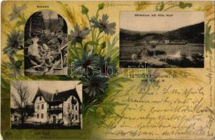 ~1900 Neumarkt in Steiermark, Luftcurort, Schweiz, Villa Seidl, Strimitzen mit Villa Wolf. Verlag Franz Huber / villas, wooden bridge. Art Nouveau, floral, litho (EK)