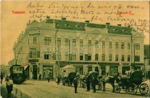 1913 Temesvár, Timisoara; Kossuth tér, Korona Bank, Deutsch Testvérek, Morgenstern Zsigmond, Steingaszner Ferenc, Wilheim Fülöp, Goldmann S., Harang Gusztáv üzlete, villamos, hintók. W. L. (?) / square, shops, tram, horse-drawn carriages (Rb)