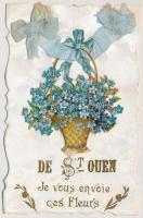 De St Ouen Je vous envoie ces Fleurs / flowers, textile greeting card, Emb., golden decoration