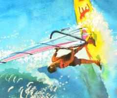 Deli Ágnes (1963- ): Hullámlovas, akvarell, papír, paszpartuban, üvegezett fa keretben, 32×23 cm