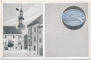 1937 Sopron, Várostorony és Storno ház. Lövér fürdő dombornyomott reklámja, Első Soproni Gomb- és Fémdíszárugyár rt. kiadása s: Mikulecz Emil