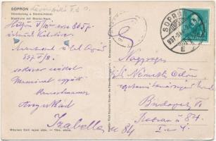 1937 Sopron, Várostorony és Storno ház. Lövér fürdő dombornyomott reklámja, Első Soproni Gomb- és Fé...