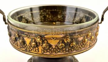 Dekoratív alpakka kínáló, üveg betéttel, d: 18,5 cm