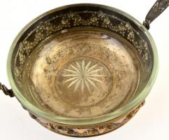 Dekoratív alpakka kínáló, üveg betéttel, d: 18,5 cm