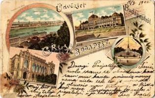 1902 Budapest, Panorama a királyi vártól, Szent Lukács fürdő, Fővárosi vigadó, Artézi kút. Kunstanstalt Rosenblatt 1839. Art Nouveau, floral, litho (r)