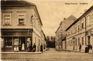 1914 Eszék, Esseg, Osijek; Posta utca, Ferdo Hölbling üzlete és saját kiadása / Festung, Postgasse / Tvrda, street view, shop + K.U.K. BRIEFZENSUR