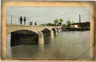 Érsekújvár, Nové Zámky; Nyitra folyó, híd és bőrgyár. Winter Emil kiadása / Nitra river bridge and leather factory in the background, tannery