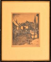 Beleznay István (1892-1954): Tabán. Rézkarc, papír, jelzett, üvegezett keretben, 28×23 cm