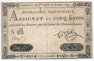 Franciaország 1791. 5L "Assignata" vízjeles papíron T:III France 1791. 5 Livre "Assignata" on watermarked paper C:F