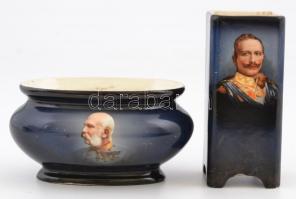 I. Világháborús emlék Ferenc József császárt és Vilmos császárt ábrázoló két porcelán váza és edényke, egyiken kis lepattanás. m: 12 cm