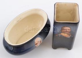 I. Világháborús emlék Ferenc József császárt és Vilmos császárt ábrázoló két porcelán váza és edényk...