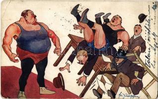 Wrestlers, humourous art postcard, B.K.W.I. 492-2. s: Schönpflug (pinholes)