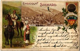 1905 Brassó, Kronstadt, Brasov; Suchard csokoládé reklám. Erdély címer / Chocolat Suchard, Siebenbürgen / Swiss chocolate advertisement, Transylvania, coat of arms. Art Nouveau, litho (EK)