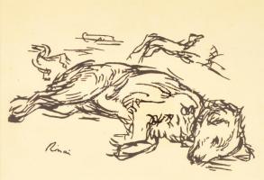Rippl-Rónai József (1861-1927): A kacsáról álmodó kutya. Cinkográfia, papír, jelzett a cinkográfián, hátoldalán hagyatéki pecséttel, üvegezett keretben, 16,5×25 cm
