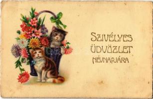 1936 Szívélyes üdvözlet névnapjára, üdvözlőlap, dombornyomat / Name day greeting card, cats, flowers, Emb. litho, Erika Nr. 1061 A (fl)