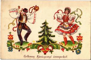 1950 Kellemes karácsonyi ünnepeket, üdvözlőlap, pár népviseletben / Christmas greeting card, Hungarian national costumes, folklore