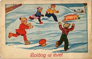 1946 Boldog új évet, üdvözlőlap / New Year greeting card, children, mushroom, pig, clover (Rb)
