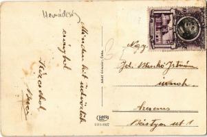 Hernádcsány, Csany, Cana; Fő utca, autó, kerékpáros, templom. Adolf Günczler kiadása / Hlavná ul. / ...