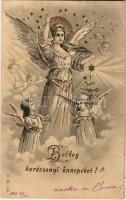 1903 Boldog karácsonyi ünnepeket!, üdvözlőlap aranyozott díszítéssel, dombornyomat / Christmas greeting card, angels, golden decoration, Emb., S Nr. 1143. (apró lyuk / pinhole)