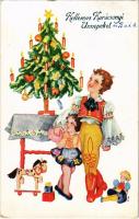 1939 Kellemes karácsonyi ünnepeket, üdvözlőlap / Christmas greeting card, children, toys, Christmas tree