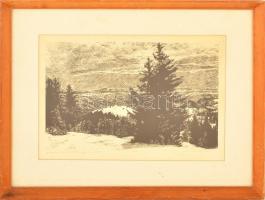 Csanády András (1929- ): A havas Sófalva felett 1979, fametszet, papír, jelzett, számozott (1/100), paszpartuban, üvegezett fa keretben, 23,5×34 cm