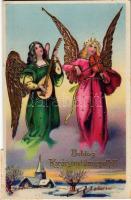 1938 Boldog karácsonyi ünnepeket!, üdvözlőlap aranyozott díszítéssel, dombornyomat / Christmas greeting card, angels with instruments, golden decoration, Emb. litho (EK)