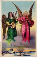 1938 "Boldog karácsonyi ünnepeket!", üdvözlőlap aranyozott díszítéssel, dombornyomat / Christmas greeting card, angels with instruments, golden decoration, Emb. litho (EK)