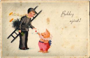 1941 Boldog újévet!, üdvözlőlap / New Year greeting card, chimney sweeper, clovers, pig (fl)