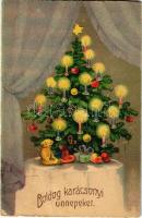 1941 Boldog karácsonyi ünnepeket, üdvözlőlap / Christmas greeting card, Christmas tree, litho (ragasztónyom / gluemark)