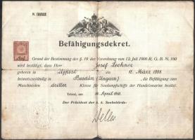 1910 Triest: Hajógépészi bizonyítvány, hátoldalán magyar honosítással / Ship enginer licence 34x25 cm